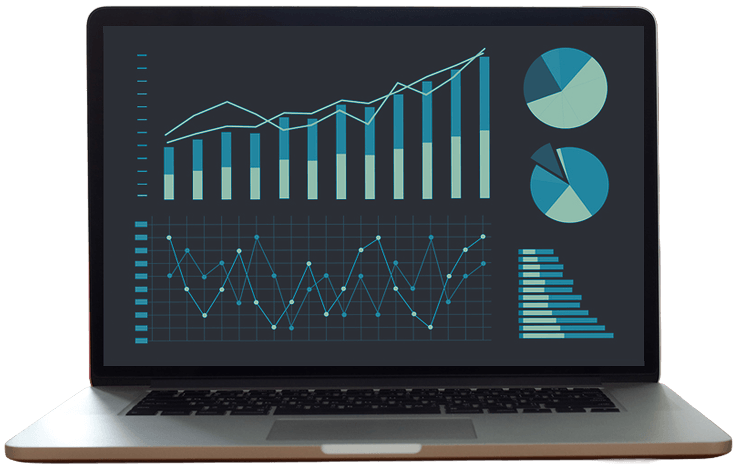 A laptop displaying various graphs and charts on its screen, including line graphs, bar charts, and pie charts.
